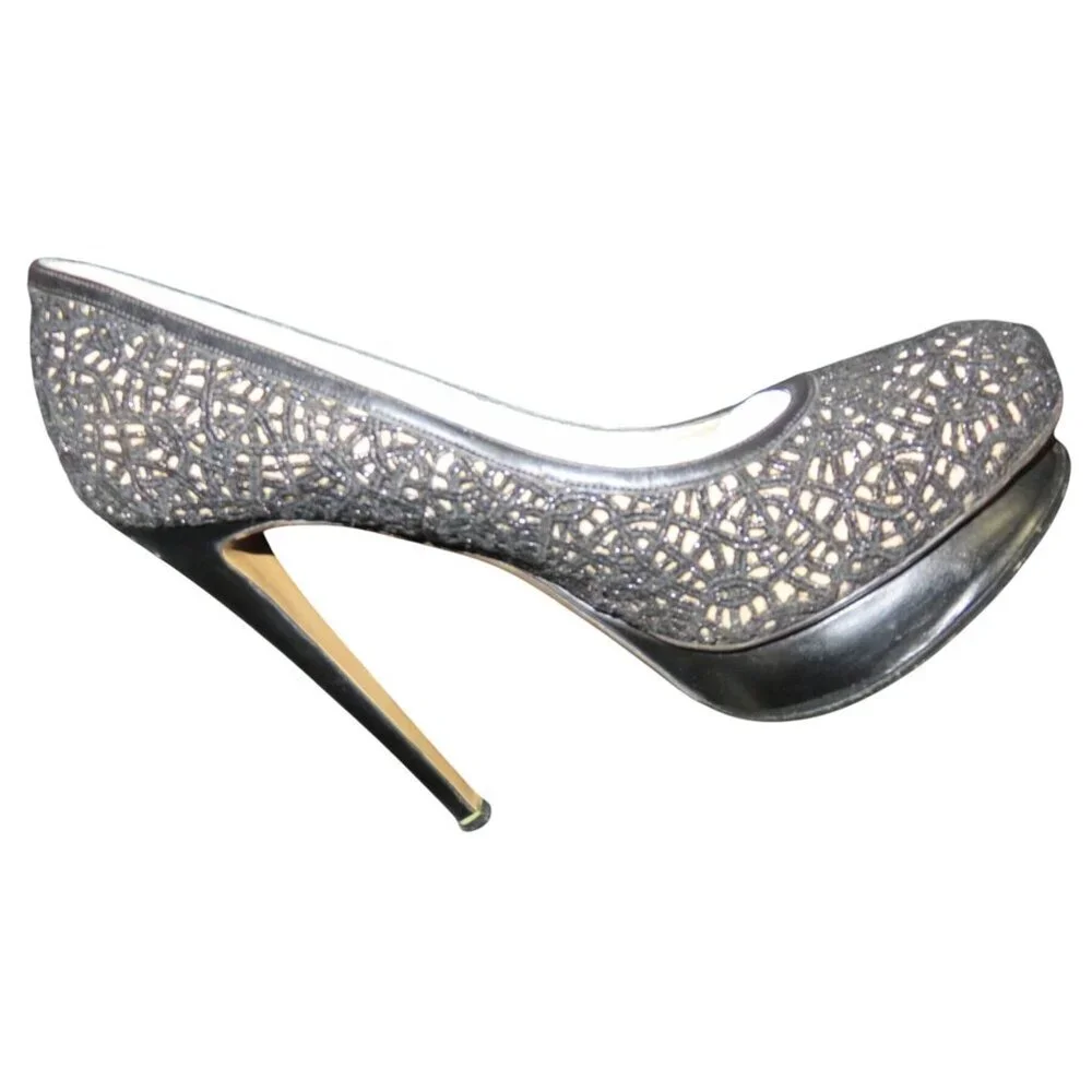 Nicholas Kirkwood Laser Cut Black Italian Leather Platform Stiletto Pumps 37